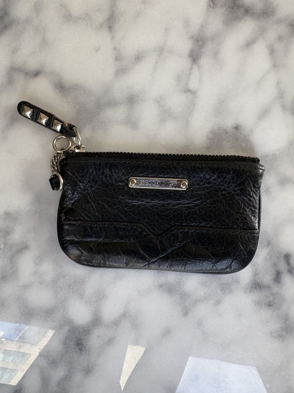 Rebecca Minkoff Black Leather Studded Zip Pouch Wristlet